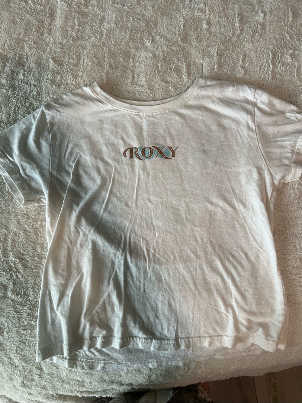 Roxy White Tee with Teal and Brown Logo